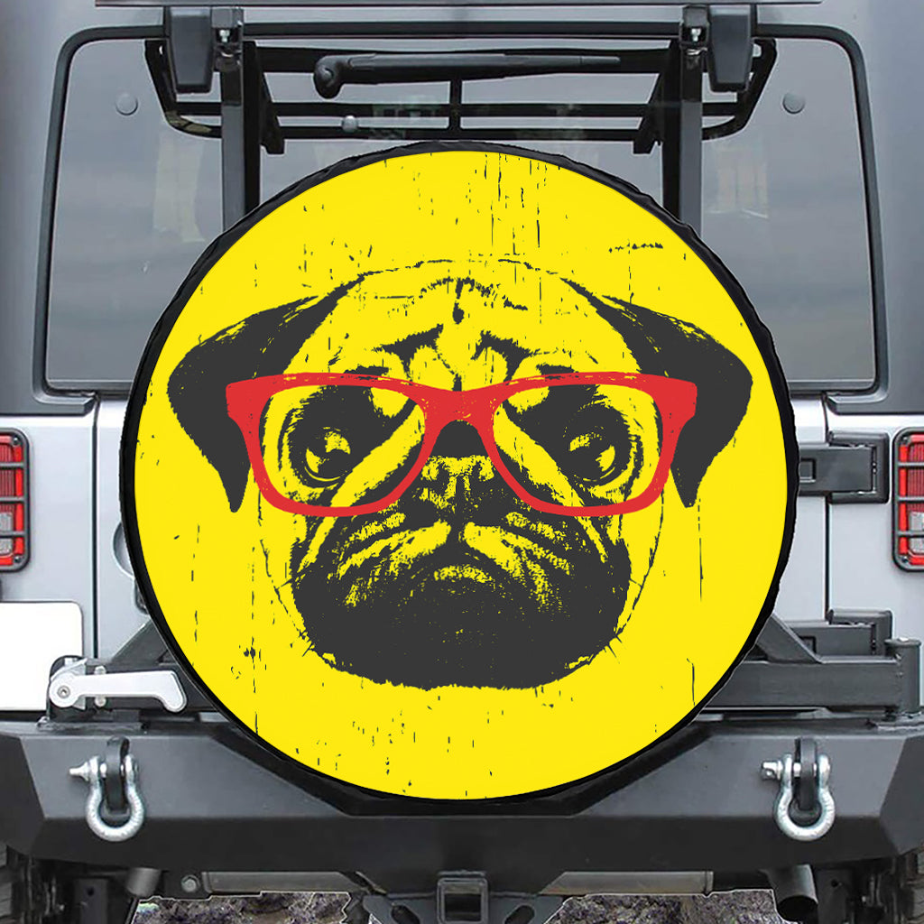Pug With Glasses Portrait Print Tire Cover