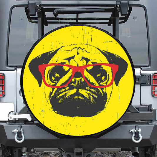 Pug With Glasses Portrait Print Tire Cover