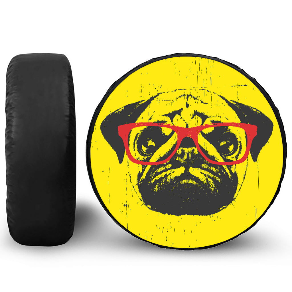 Pug With Glasses Portrait Print Tire Cover