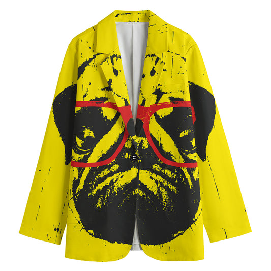 Pug With Glasses Portrait Print Women's Cotton Blazer