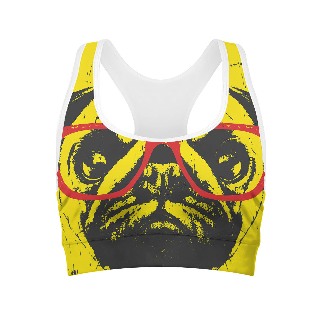 Pug With Glasses Portrait Print Women's Sports Bra
