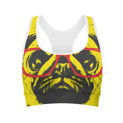 Pug With Glasses Portrait Print Women's Sports Bra