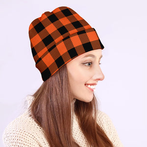 Pumpkin Orange Buffalo Check Print Beanie