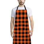 Pumpkin Orange Buffalo Check Print Bib Apron With Pocket