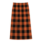Pumpkin Orange Buffalo Check Print Cotton Front Slit Maxi Skirt