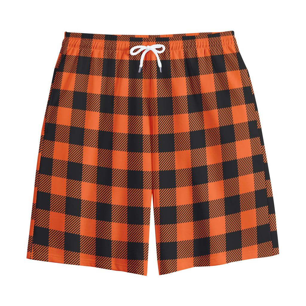 Pumpkin Orange Buffalo Check Print Cotton Shorts