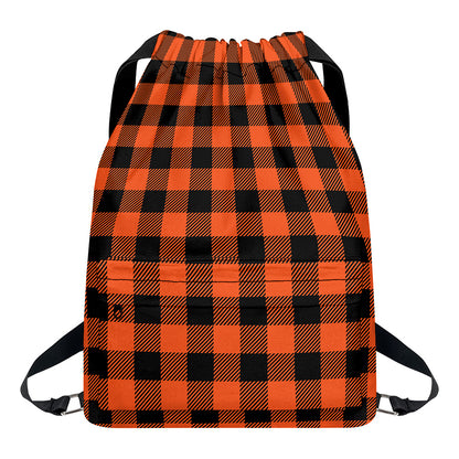 Pumpkin Orange Buffalo Check Print Drawstring Backpack