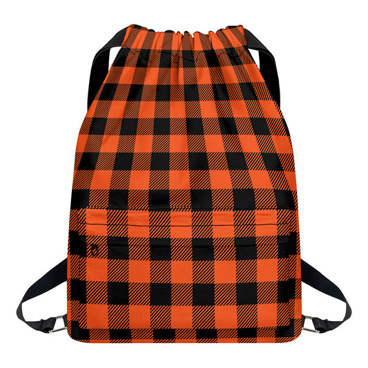 Pumpkin Orange Buffalo Check Print Drawstring Backpack