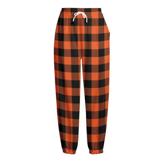 Pumpkin Orange Buffalo Check Print Fleece Lined Knit Pants