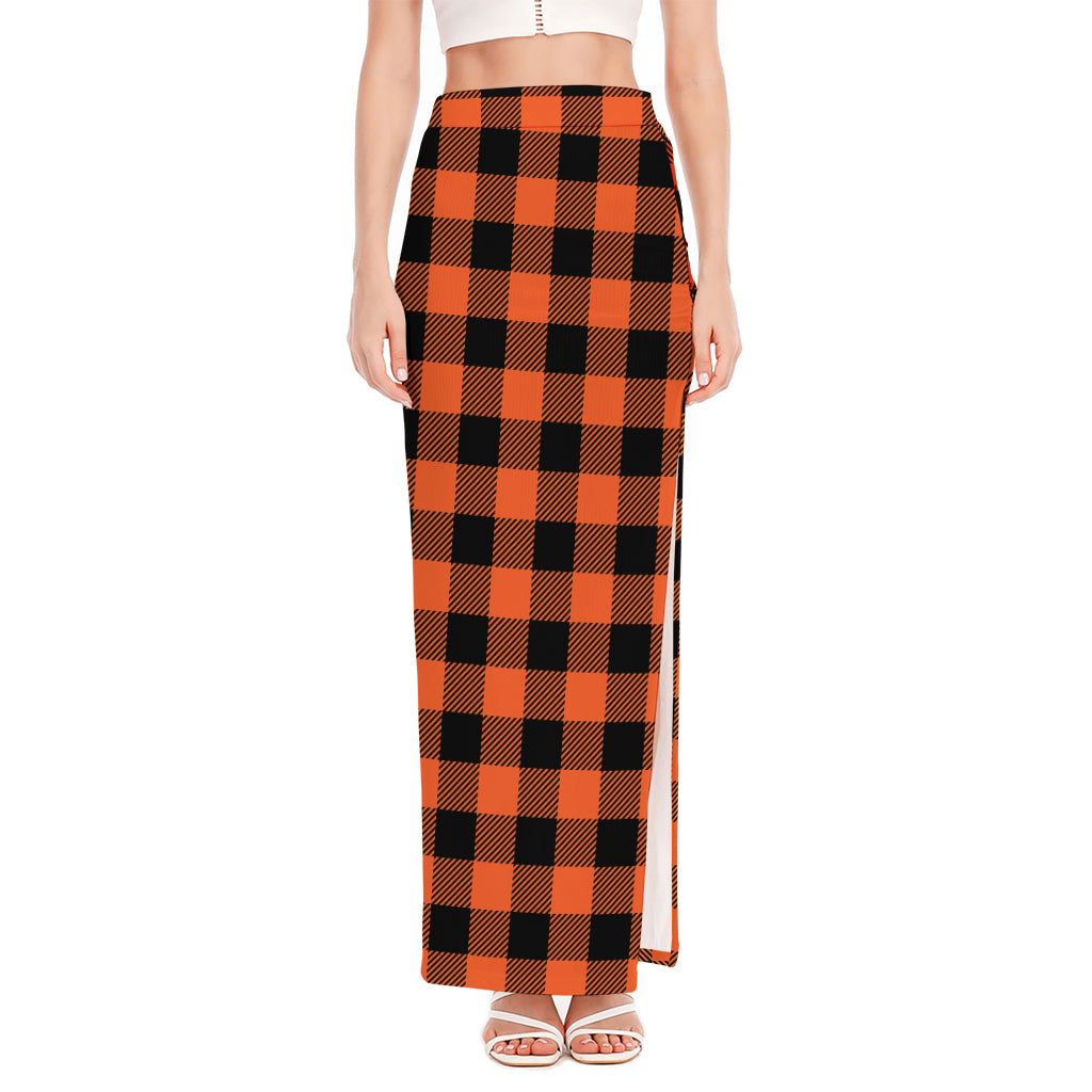 Pumpkin Orange Buffalo Check Print High Slit Maxi Skirt