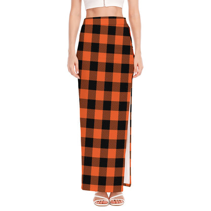 Pumpkin Orange Buffalo Check Print High Slit Maxi Skirt