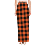 Pumpkin Orange Buffalo Check Print High Slit Maxi Skirt