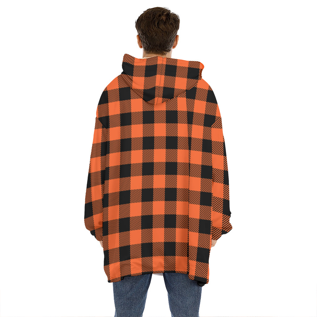 Pumpkin Orange Buffalo Check Print Hoodie Blanket