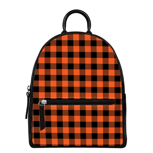Pumpkin Orange Buffalo Check Print Leather Backpack