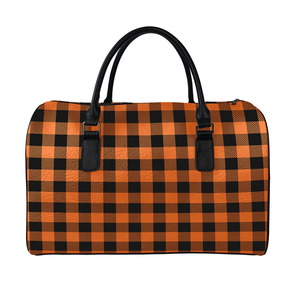 Pumpkin Orange Buffalo Check Print Leather Duffle Bag