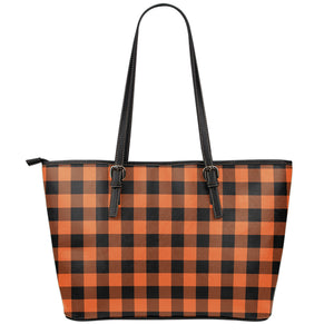 Pumpkin Orange Buffalo Check Print Leather Tote Bag