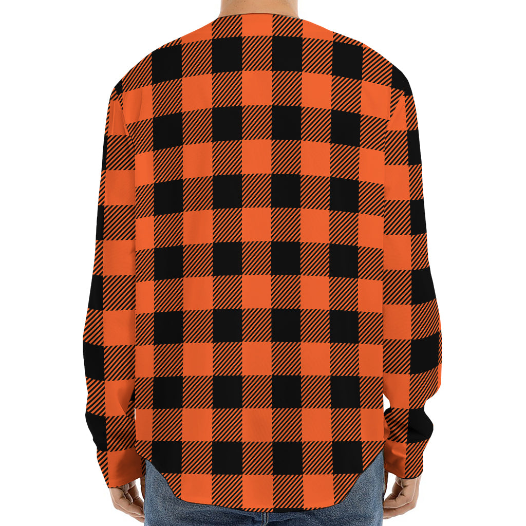 Pumpkin Orange Buffalo Check Print Long Sleeve Baseball Jersey