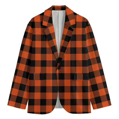 Pumpkin Orange Buffalo Check Print Men's Blazer