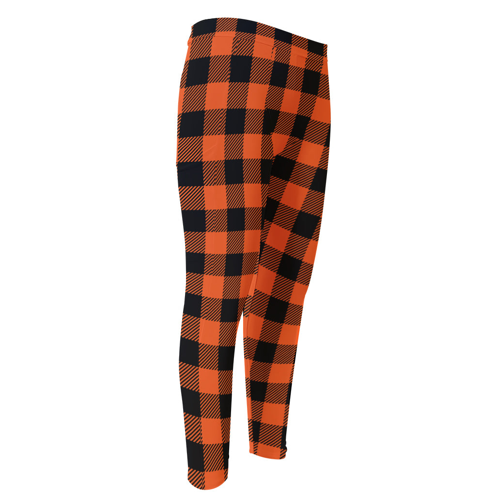 Pumpkin Orange Buffalo Check Print Men's Compression Pants