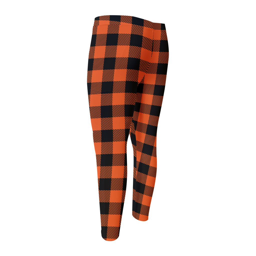 Pumpkin Orange Buffalo Check Print Men's Compression Pants