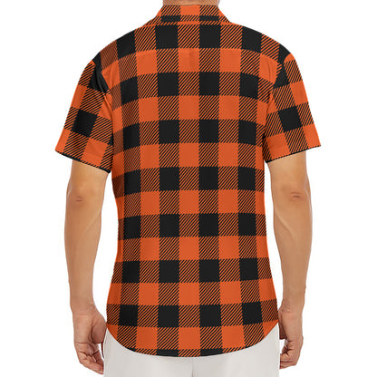 Pumpkin Orange Buffalo Check Print Men's Deep V-Neck Shirt
