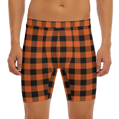 Pumpkin Orange Buffalo Check Print Men's Long Boxer Briefs