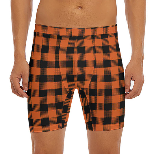 Pumpkin Orange Buffalo Check Print Men's Long Boxer Briefs
