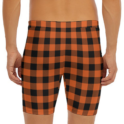 Pumpkin Orange Buffalo Check Print Men's Long Boxer Briefs