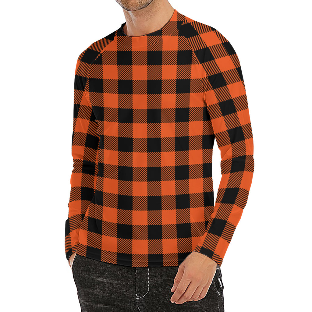 Pumpkin Orange Buffalo Check Print Men's Long Sleeve Rash Guard