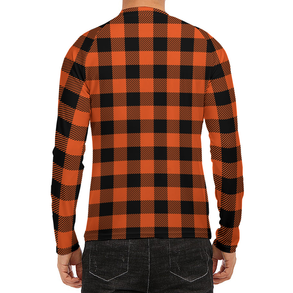Pumpkin Orange Buffalo Check Print Men's Long Sleeve Rash Guard