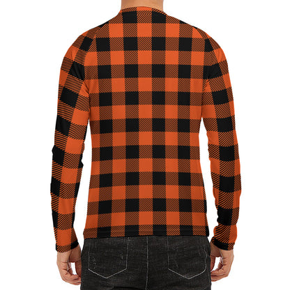 Pumpkin Orange Buffalo Check Print Men's Long Sleeve Rash Guard