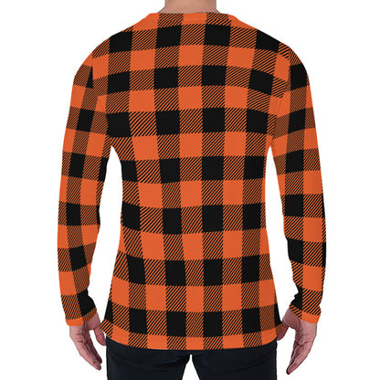 Pumpkin Orange Buffalo Check Print Men's Long Sleeve T-Shirt