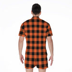 Pumpkin Orange Buffalo Check Print Men's Rompers