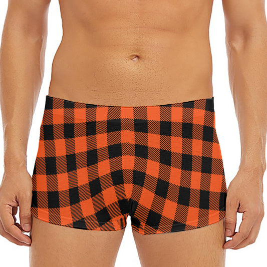 Pumpkin Orange Buffalo Check Print Men's Short Boxer Briefs