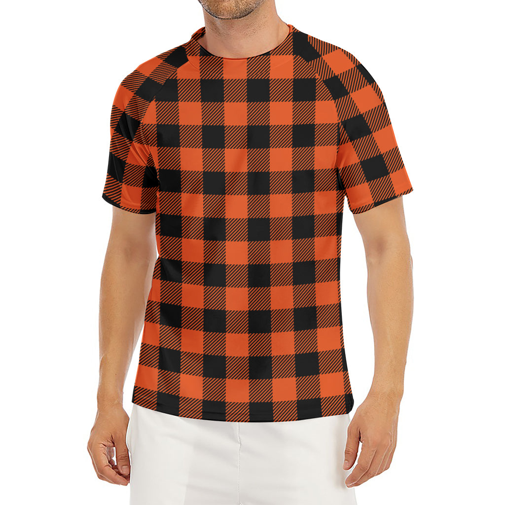 Pumpkin Orange Buffalo Check Print Men's Short Sleeve Rash Guard