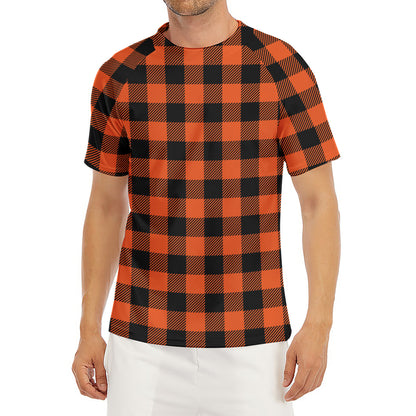 Pumpkin Orange Buffalo Check Print Men's Short Sleeve Rash Guard