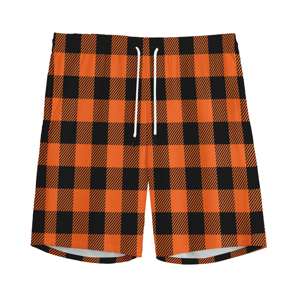 Pumpkin Orange Buffalo Check Print Men's Sports Shorts