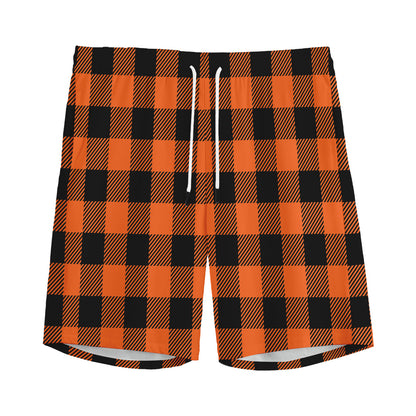 Pumpkin Orange Buffalo Check Print Men's Sports Shorts