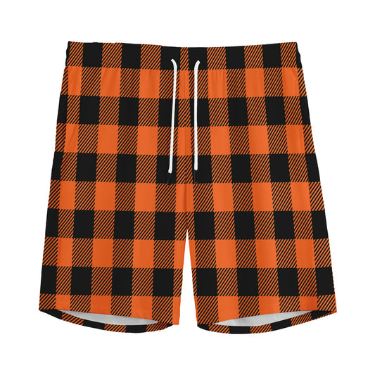 Pumpkin Orange Buffalo Check Print Men's Sports Shorts