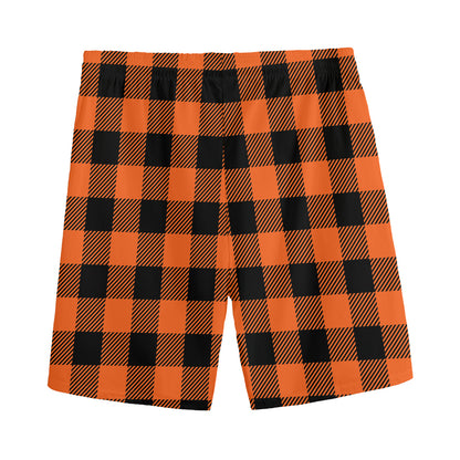 Pumpkin Orange Buffalo Check Print Men's Sports Shorts