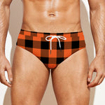 Pumpkin Orange Buffalo Check Print Men's Swim Briefs