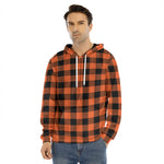 Pumpkin Orange Buffalo Check Print Men's Velvet Pullover Hoodie