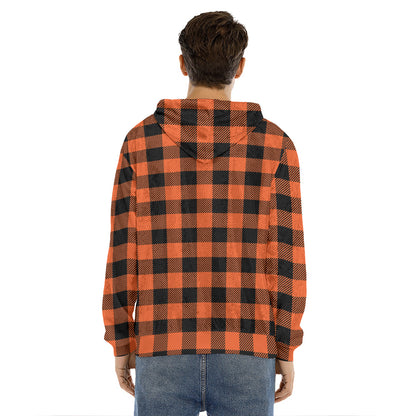 Pumpkin Orange Buffalo Check Print Men's Velvet Pullover Hoodie
