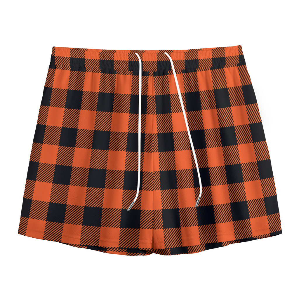 Pumpkin Orange Buffalo Check Print Mesh Shorts