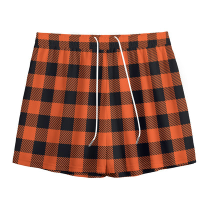 Pumpkin Orange Buffalo Check Print Mesh Shorts