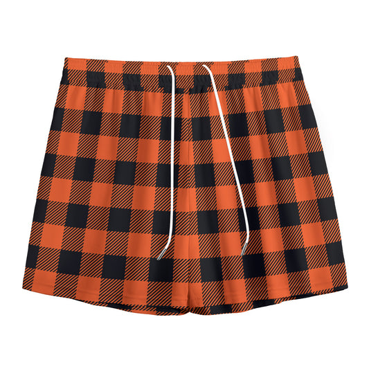 Pumpkin Orange Buffalo Check Print Mesh Shorts