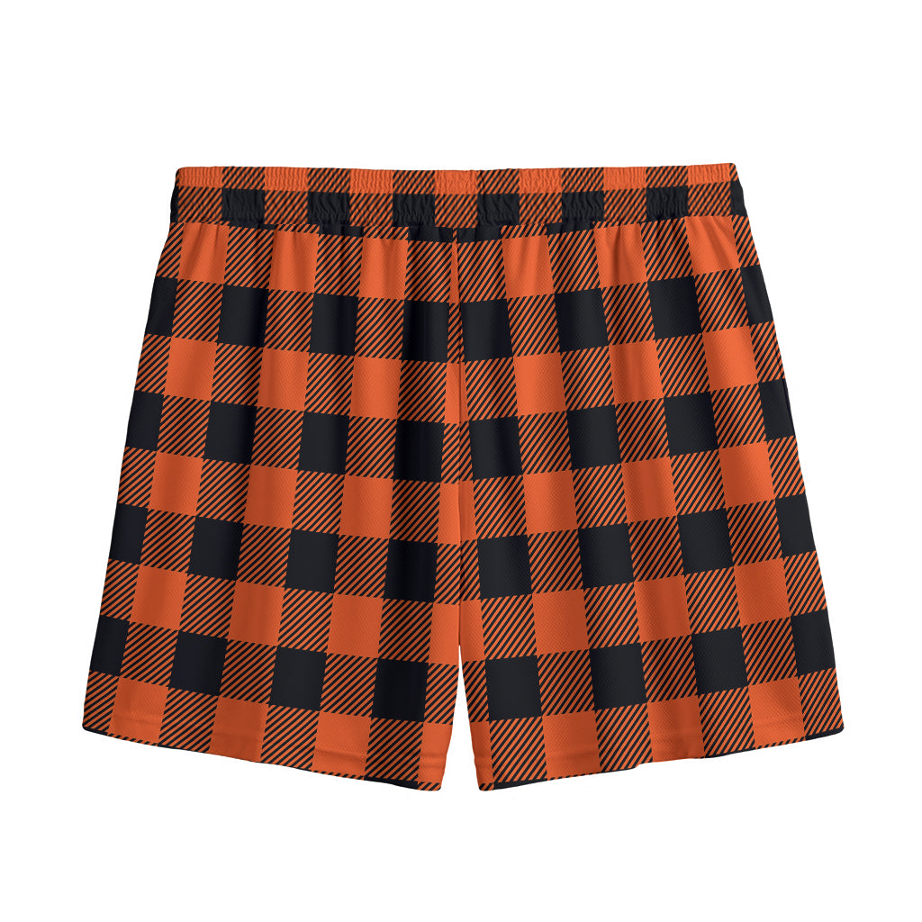Pumpkin Orange Buffalo Check Print Mesh Shorts