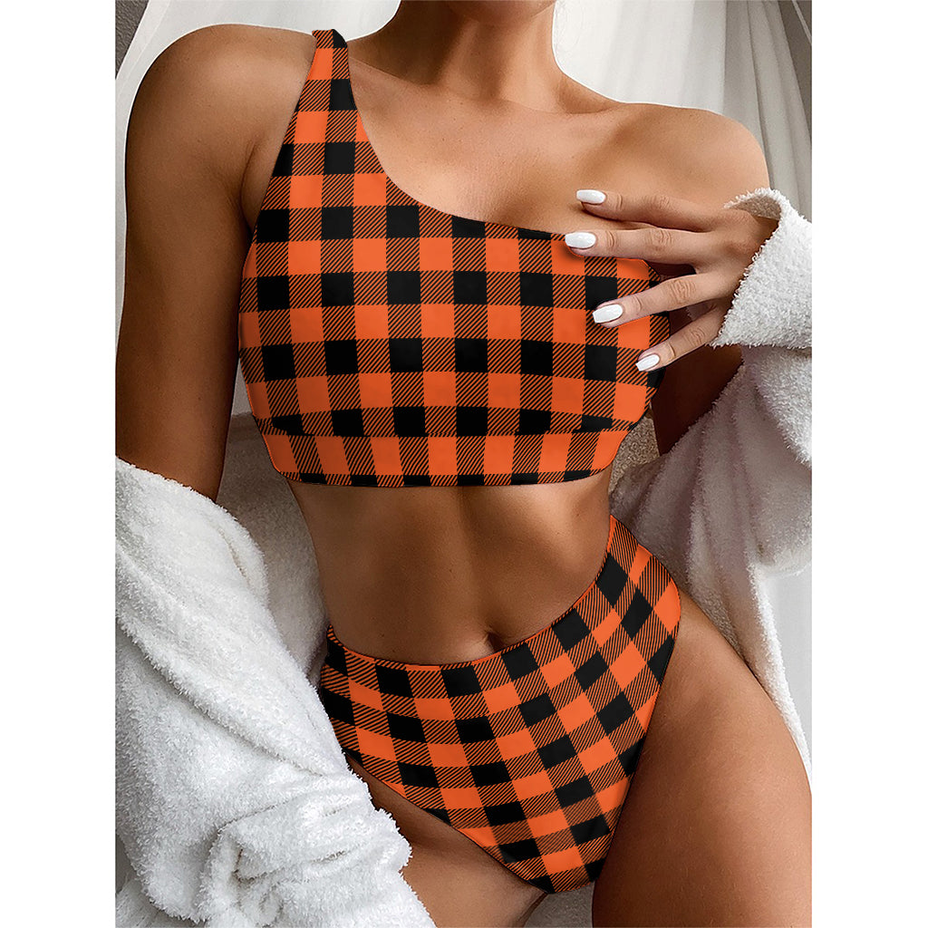Pumpkin Orange Buffalo Check Print One Shoulder Bikini Top