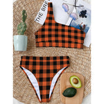 Pumpkin Orange Buffalo Check Print One Shoulder Bikini Top
