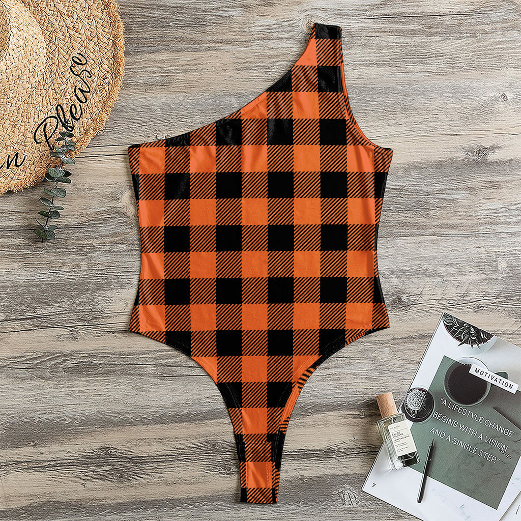 Pumpkin Orange Buffalo Check Print One Shoulder Bodysuit